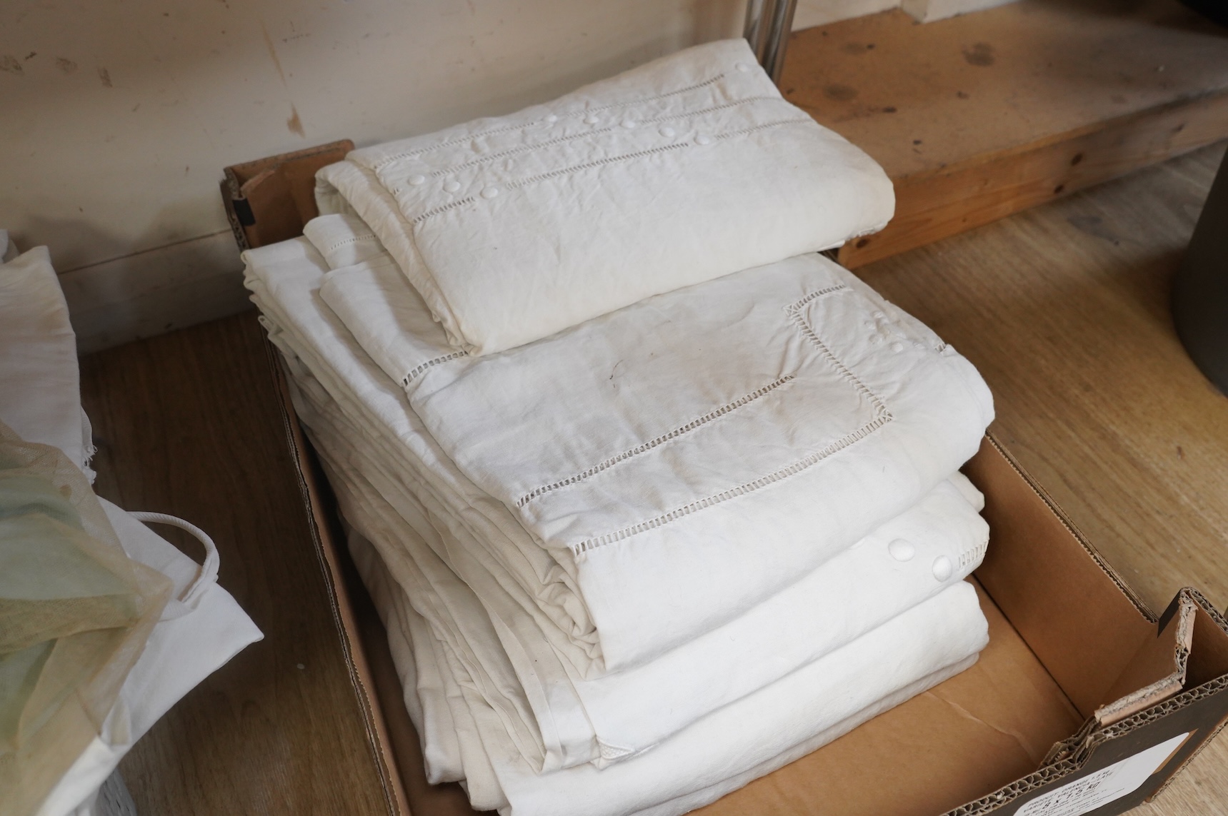 Six French provincial, coarse linen, spot motif embroidered and drawn thread work top sheets